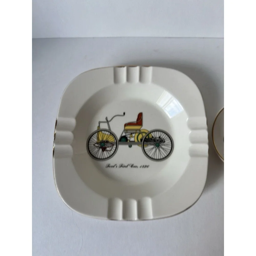 1950's Homer Laughlin Ford's First Car 1896 Automobile Ashtray & Small Plate